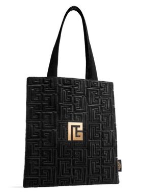 Balmain Black Quilted Tote with Gold Logo Plaque